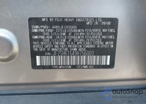 2009 Subaru Forester 2.5X из США, поврежденный, VIN JF2SH61649H756003